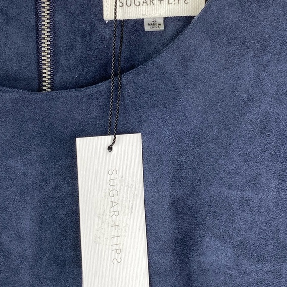 NWT Sugar + Lips Navy Faux Suede Dress Pewter Grommet Hem Fit & Flair Size Small - Picture 7 of 16